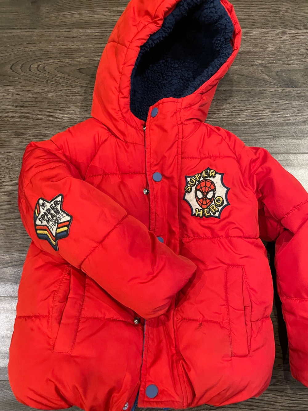 Red Kids Puffer Jacket with Super Hero Patch